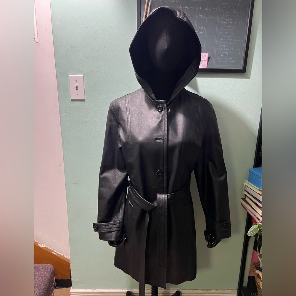 BAGATELLE Vintage Black Leather Hooded Trench Coat sz M - Picture 3 of 16